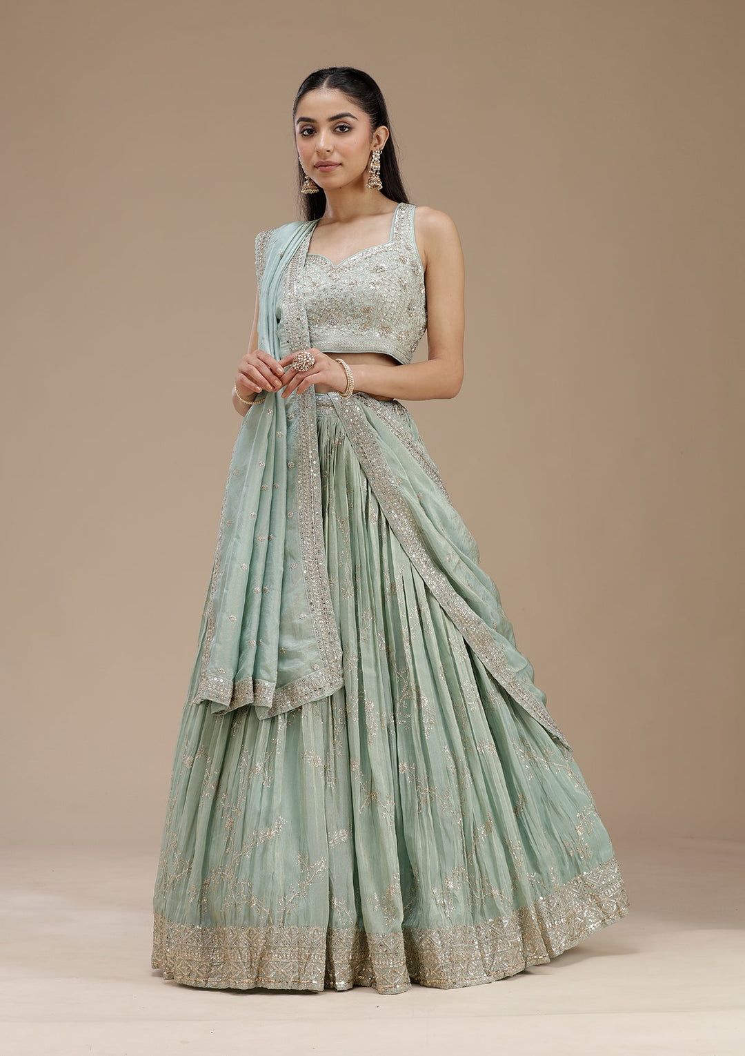 Pista Green Sequins Shimmer Readymade Lehenga-koskii