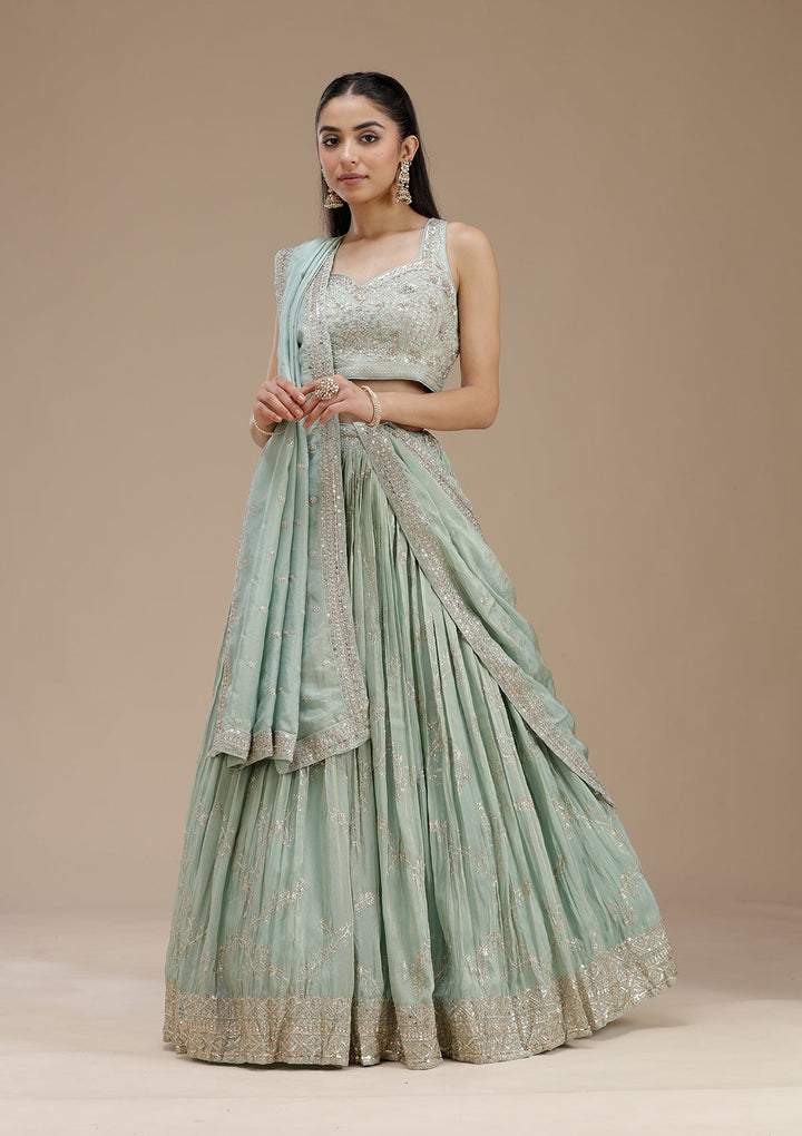 Pista Green Sequins Shimmer Readymade Lehenga-koskii