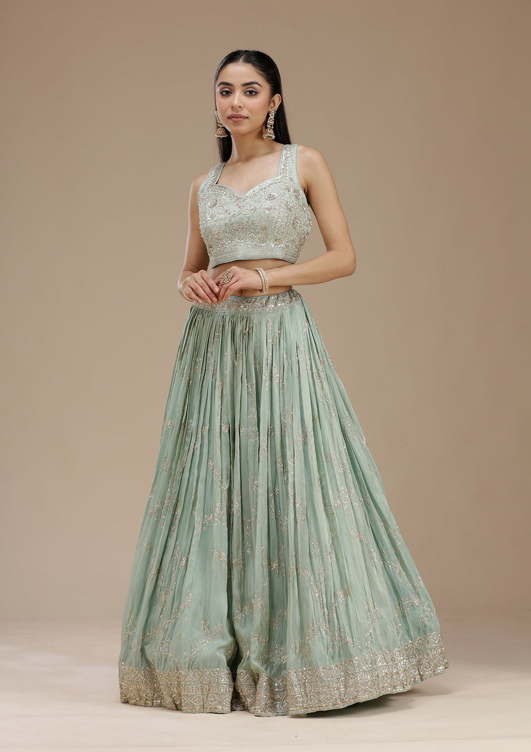 Pista Green Sequins Shimmer Readymade Lehenga-koskii