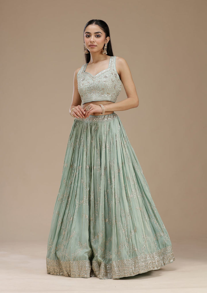 Pista Green Sequins Shimmer Readymade Lehenga-koskii
