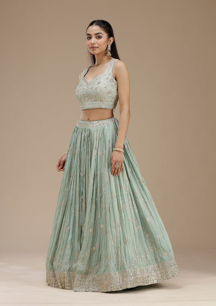 Pista Green Sequins Shimmer Readymade Lehenga-koskii