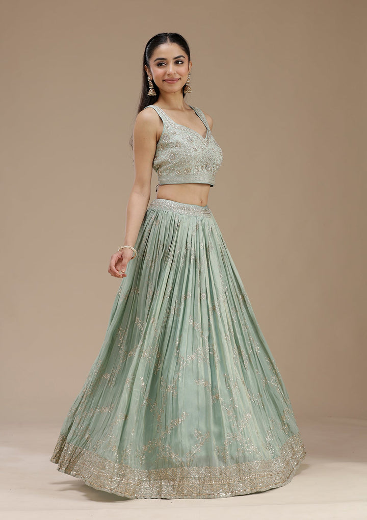 Pista Green Sequins Shimmer Readymade Lehenga-koskii