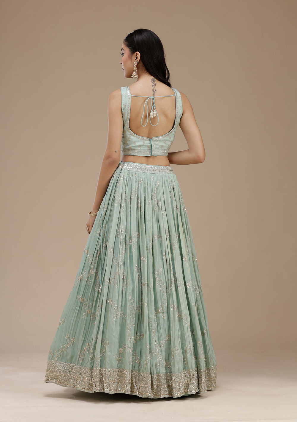 Pista Green Sequins Shimmer Readymade Lehenga-koskii