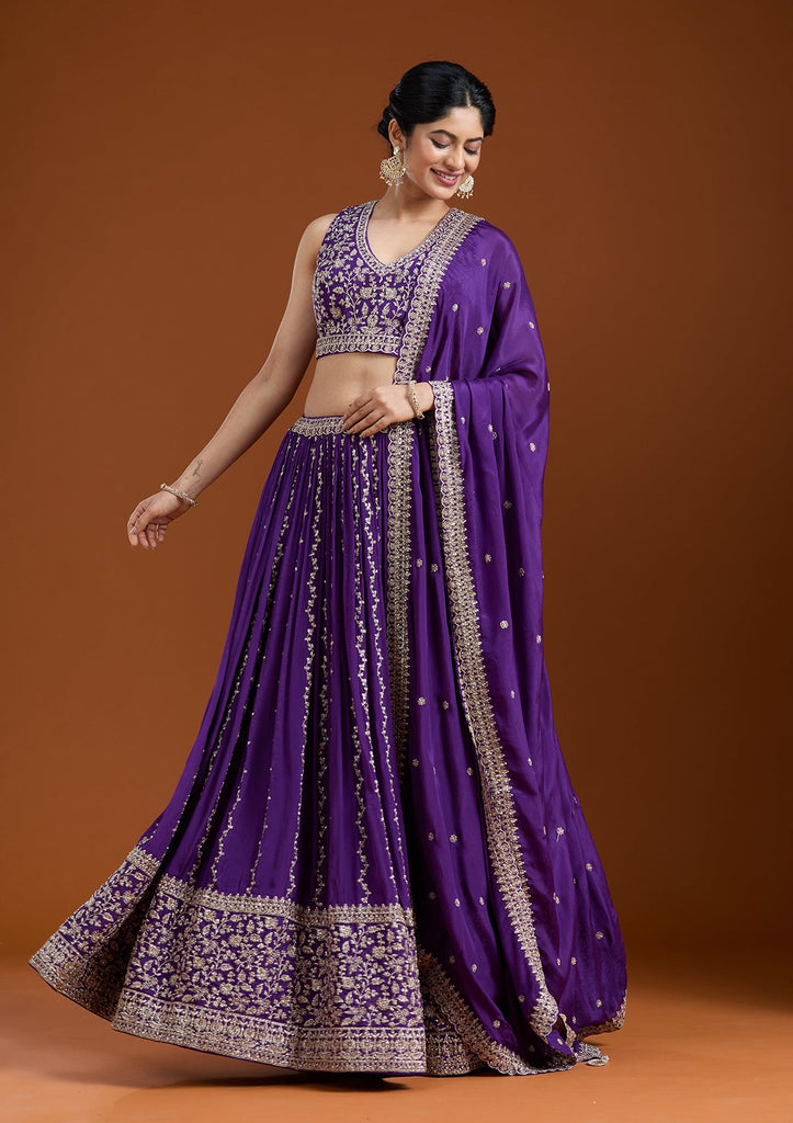 Buy Purple Zariwork (Silver) Crepe Readymade Lehenga - Koskii