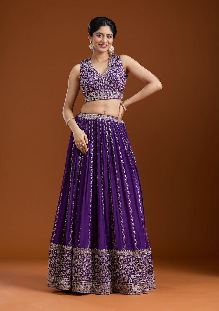 Purple Zariwork (Silver) Crepe Readymade Lehenga-koskii
