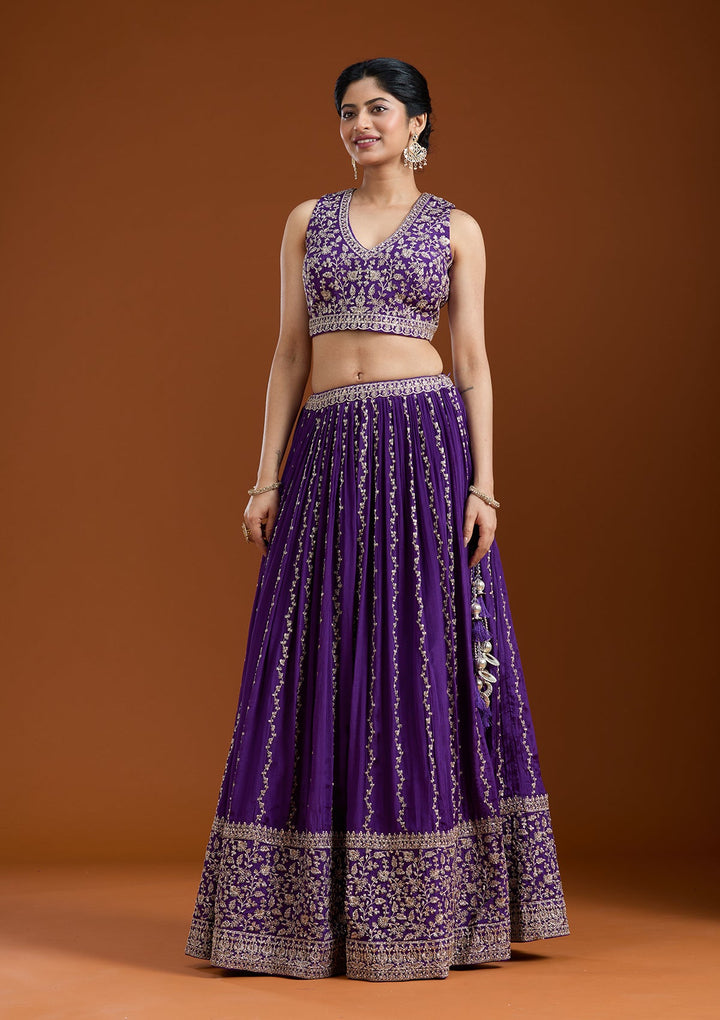 Purple Zariwork (Silver) Crepe Readymade Lehenga-koskii
