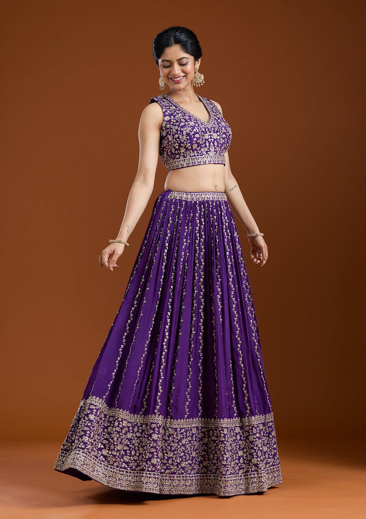 Purple Zariwork (Silver) Crepe Readymade Lehenga-koskii
