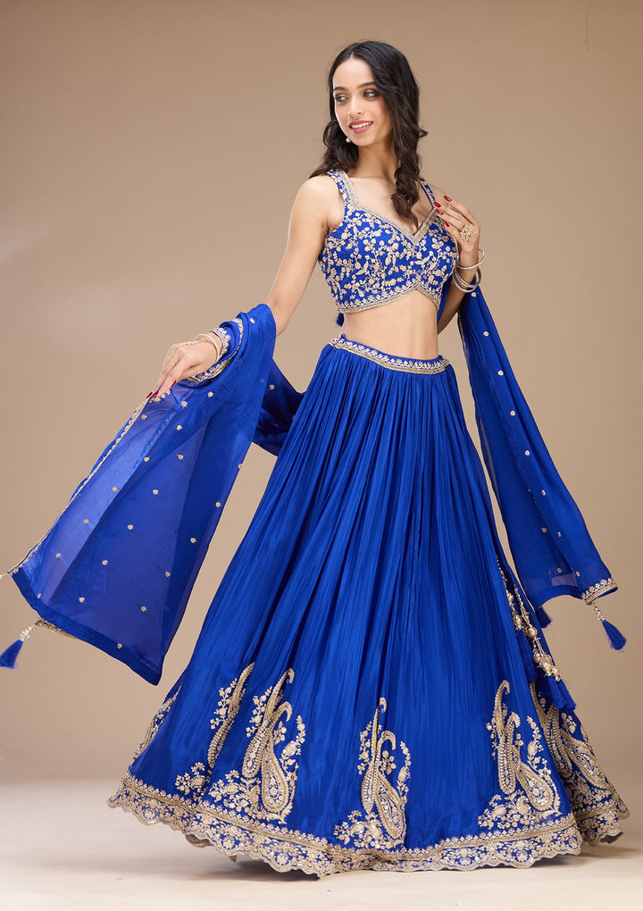 Blue Zariwork (Gold) Crepe Readymade Lehenga