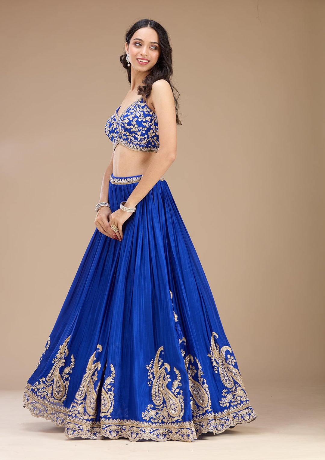 Blue Zariwork (Gold) Crepe Readymade Lehenga