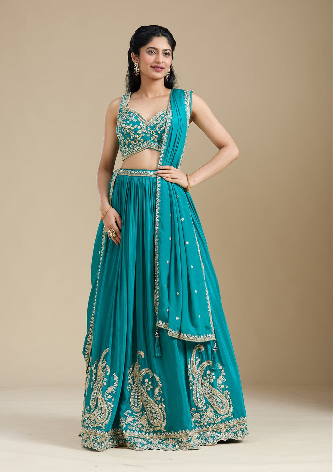 Mehandi Green Zariwork (Gold) Crepe Readymade Lehenga-koskii