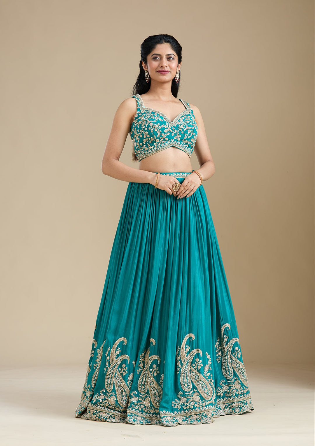 Mehandi Green Zariwork (Gold) Crepe Readymade Lehenga-koskii