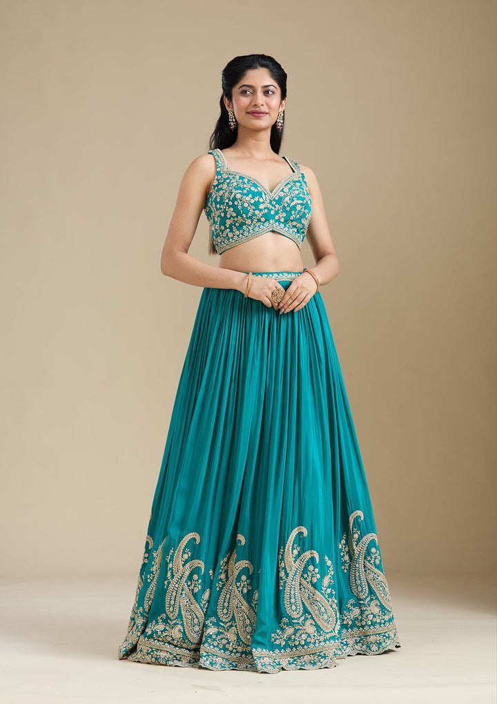 Mehandi Green Zariwork (Gold) Crepe Readymade Lehenga-koskii