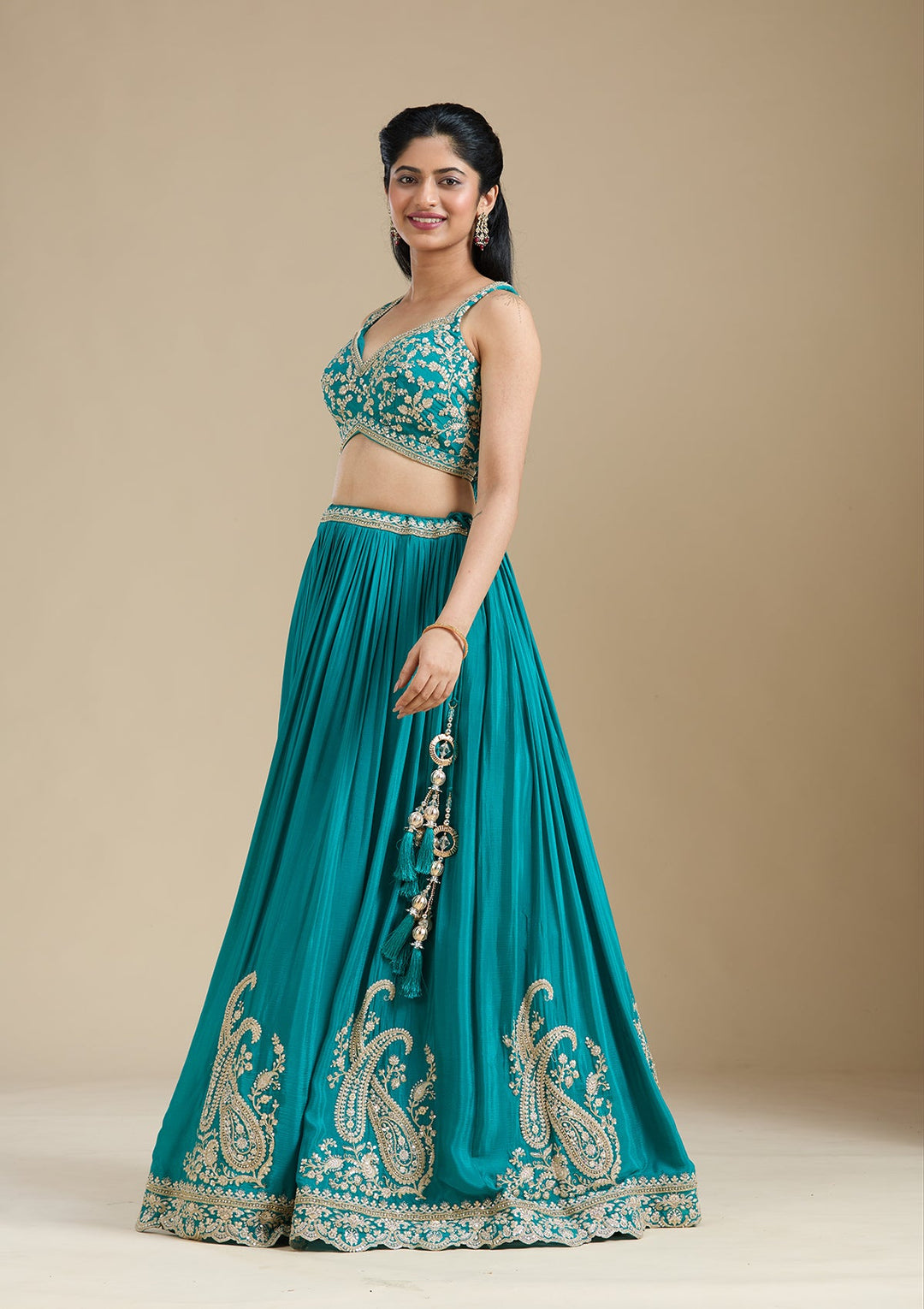 Mehandi Green Zariwork (Gold) Crepe Readymade Lehenga-koskii