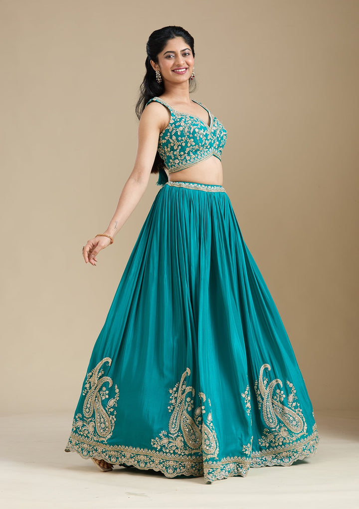 Mehandi Green Zariwork (Gold) Crepe Readymade Lehenga-koskii