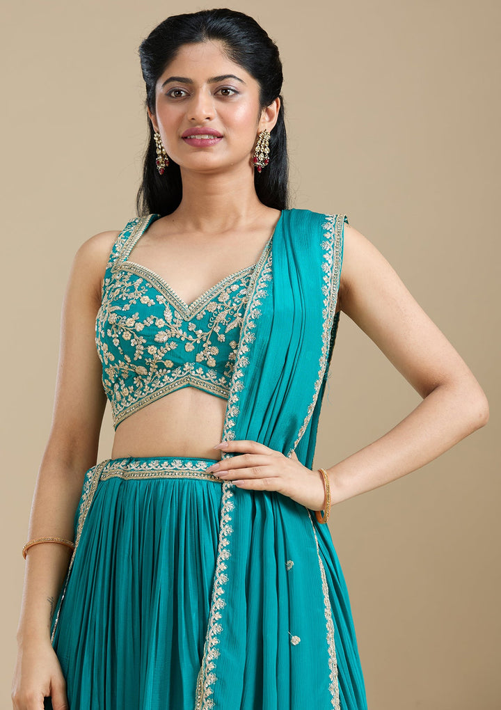 Mehandi Green Zariwork (Gold) Crepe Readymade Lehenga-koskii