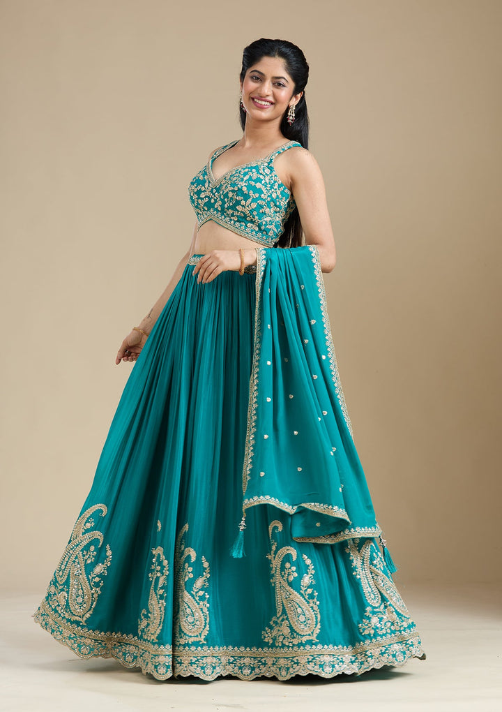 Mehandi Green Zariwork (Gold) Crepe Readymade Lehenga-koskii