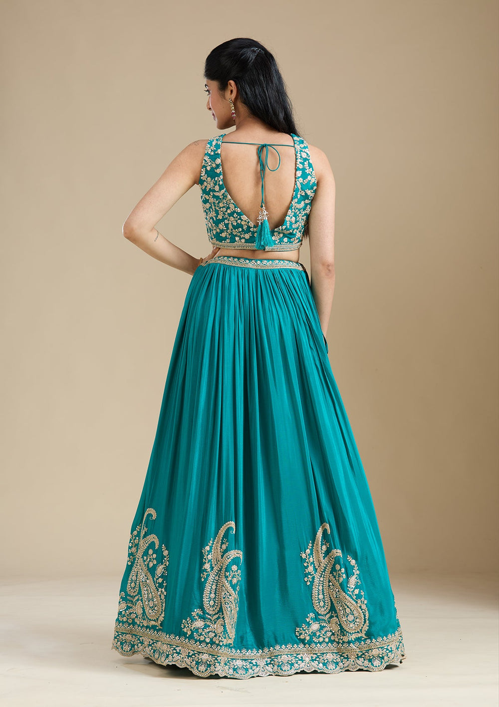 Turquoise Blue Zariwork (Gold) Crepe Readymade Lehenga-koskii