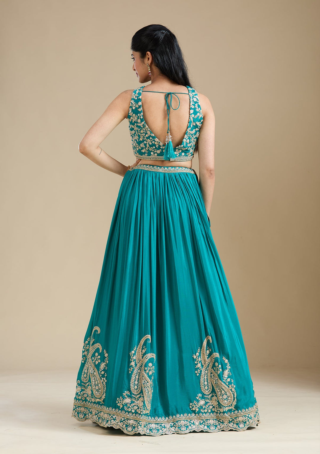 Mehandi Green Zariwork (Gold) Crepe Readymade Lehenga-koskii