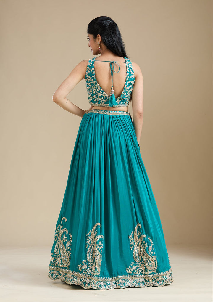 Mehandi Green Zariwork (Gold) Crepe Readymade Lehenga-koskii