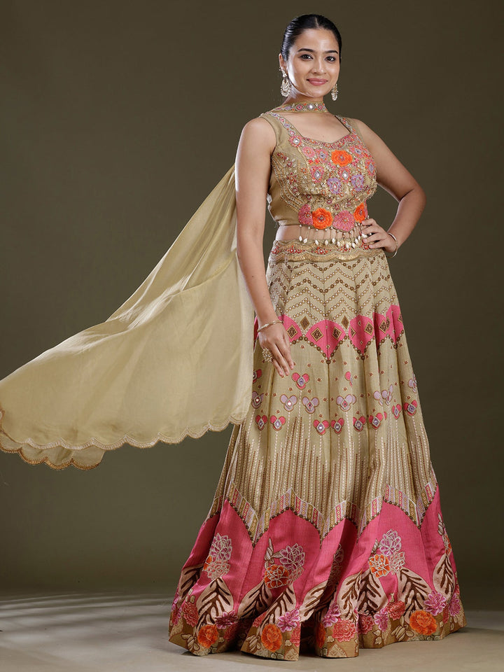 Pista Green Threadwork Art Silk Readymade Lehenga