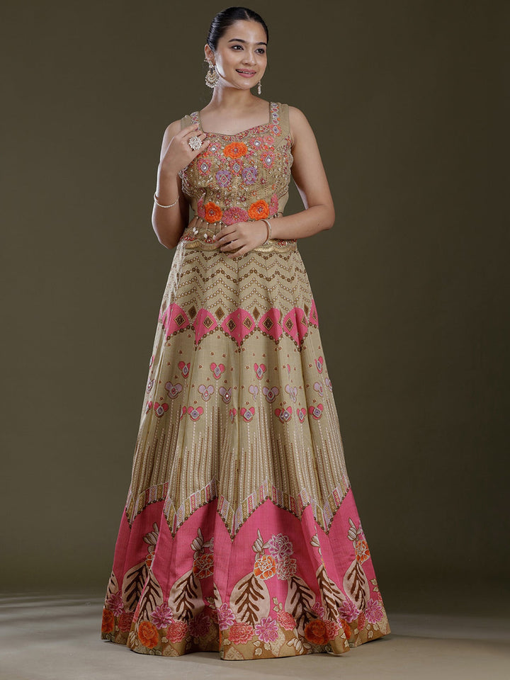 Pista Green Threadwork Art Silk Readymade Lehenga