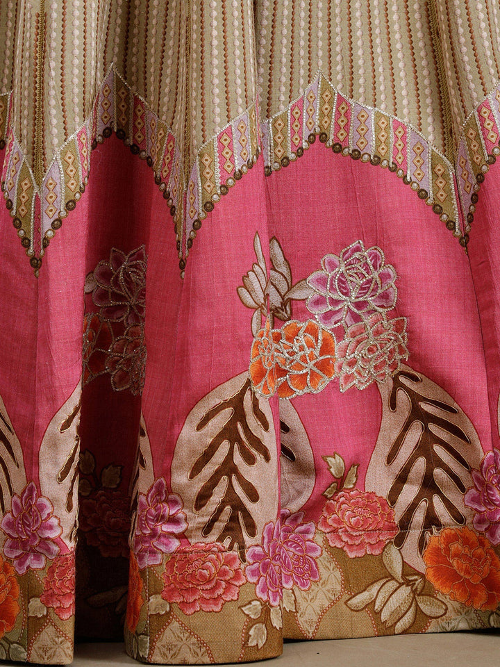 Pista Green Threadwork Art Silk Readymade Lehenga