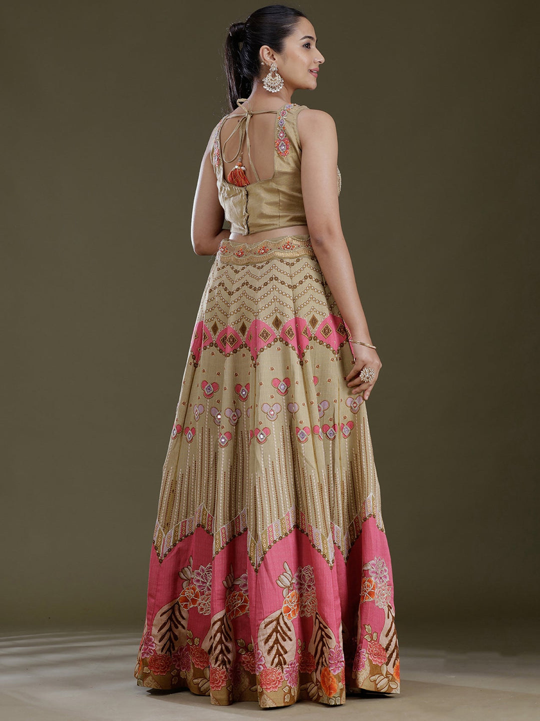 Pista Green Threadwork Art Silk Readymade Lehenga