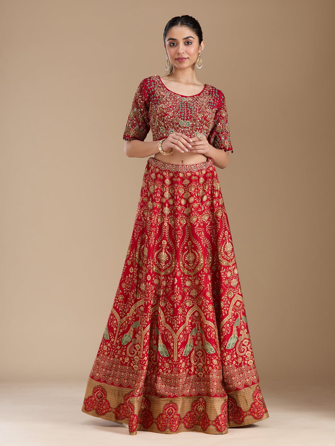 Red Threadwork Art Silk Readymade Lehenga