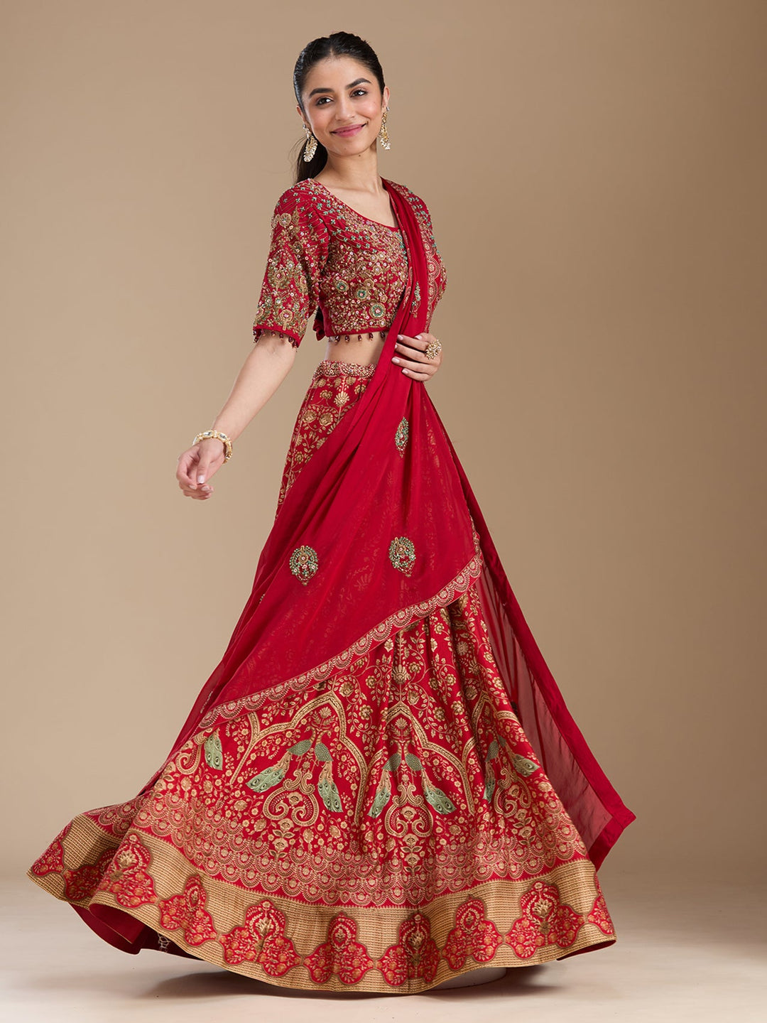 Red Threadwork Art Silk Readymade Lehenga