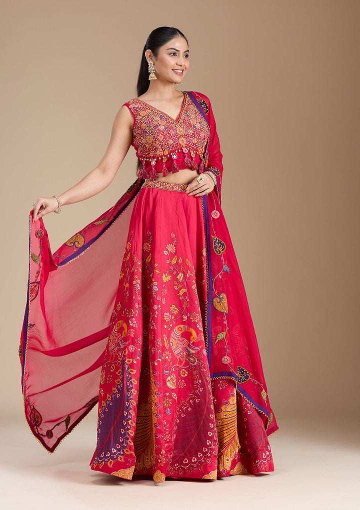 Rani Pink Printed Soft Raw Silk Readymade Lehenga-koskii