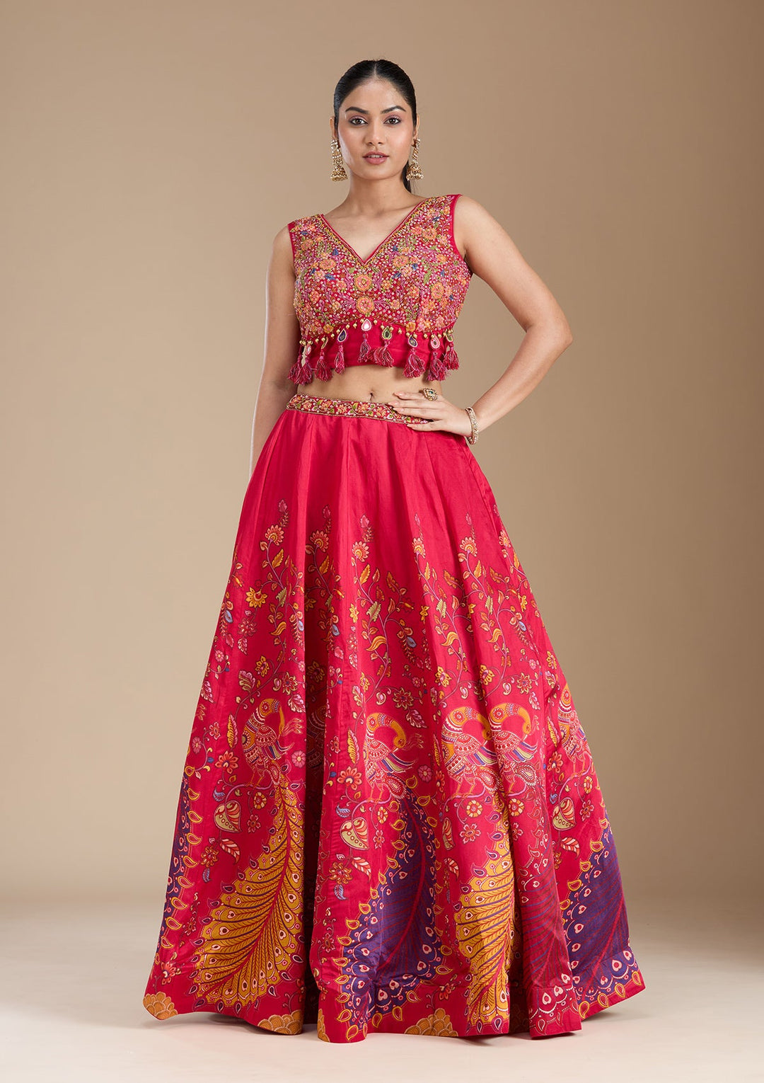 Rani Pink Printed Soft Raw Silk Readymade Lehenga-koskii
