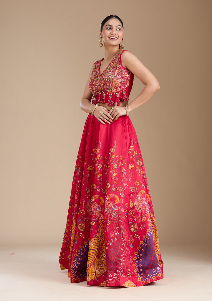 Rani Pink Printed Soft Raw Silk Readymade Lehenga-koskii