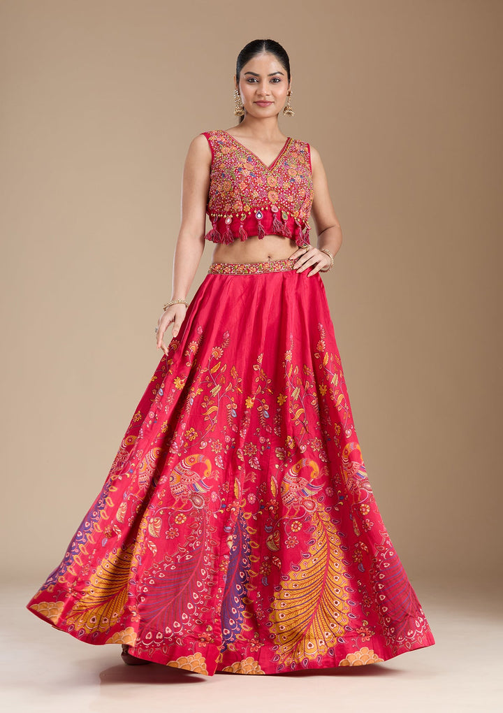 Rani Pink Printed Soft Raw Silk Readymade Lehenga-koskii