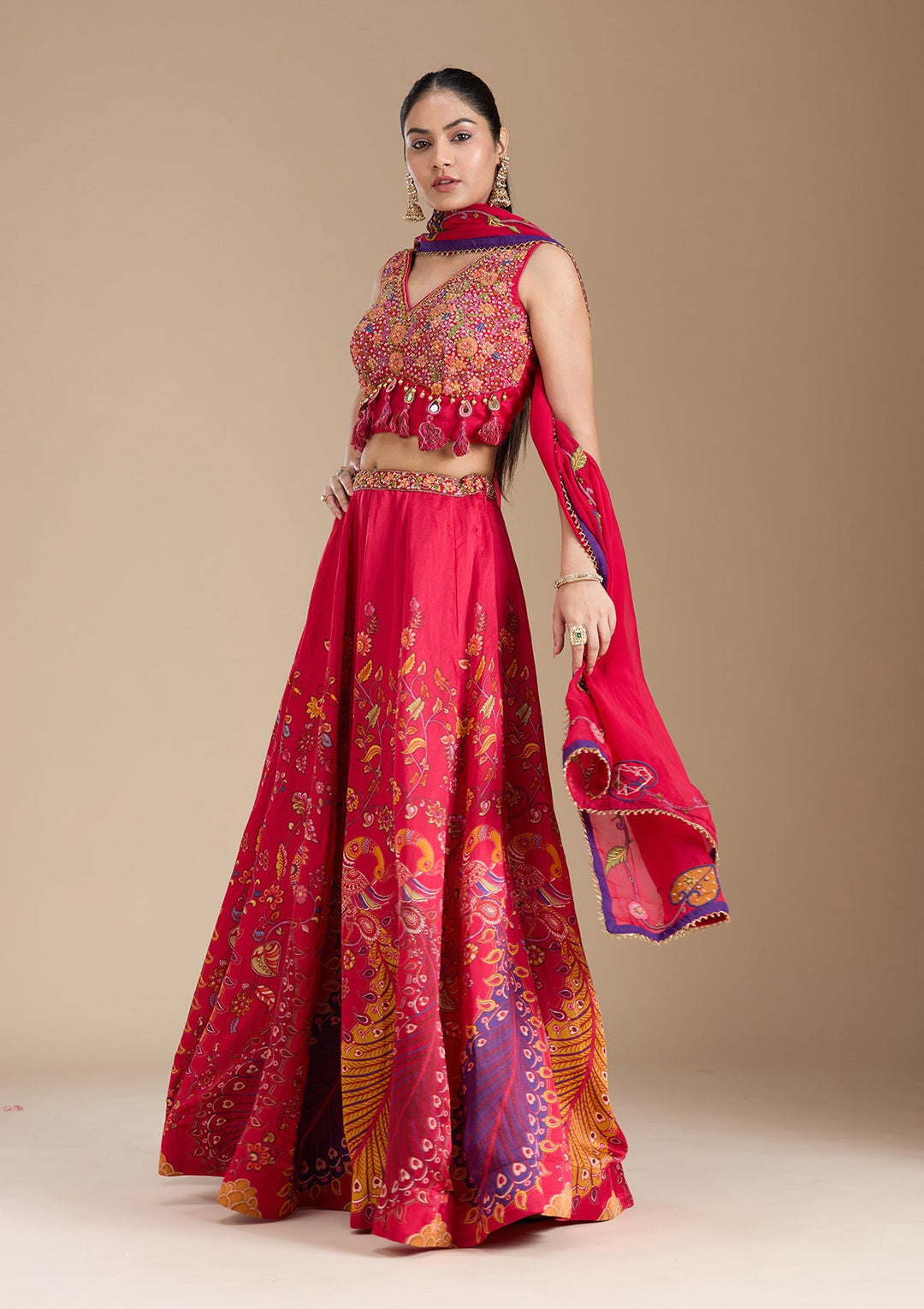 Rani Pink Printed Soft Raw Silk Readymade Lehenga-koskii