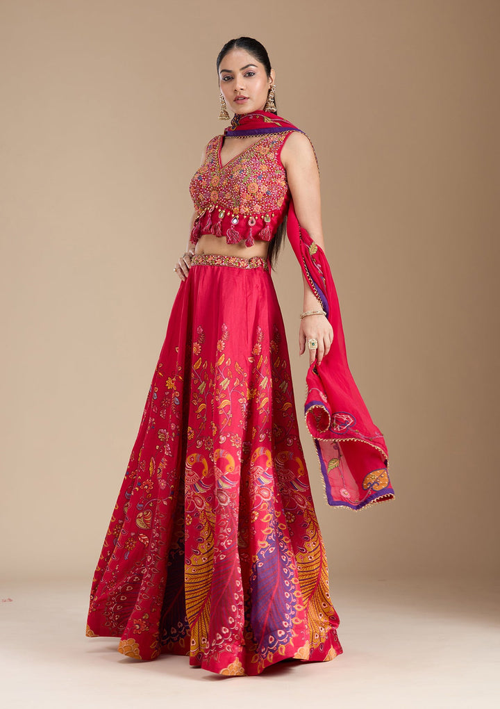 Rani Pink Printed Soft Raw Silk Readymade Lehenga-koskii