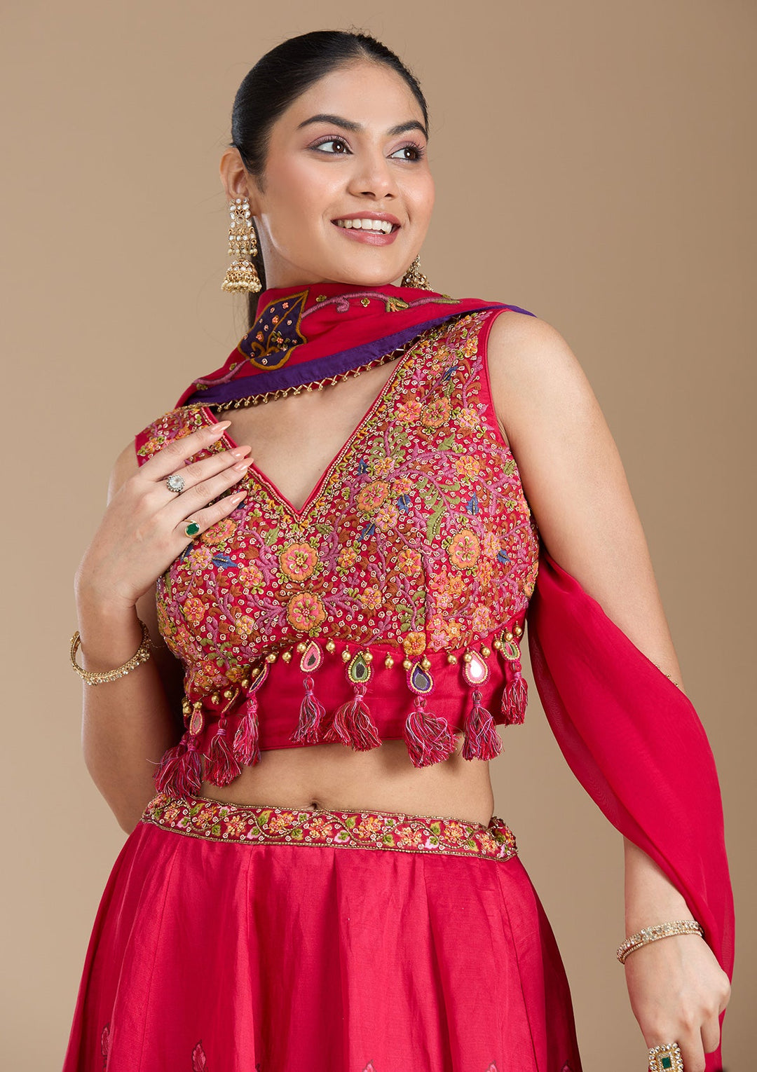 Rani Pink Printed Soft Raw Silk Readymade Lehenga-koskii