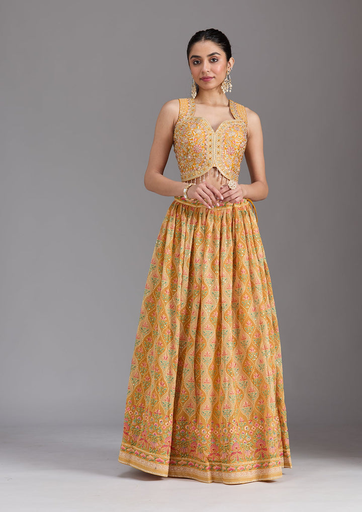 Mustard Yellow Zariwork (Gold) Georgette Readymade Lehenga
