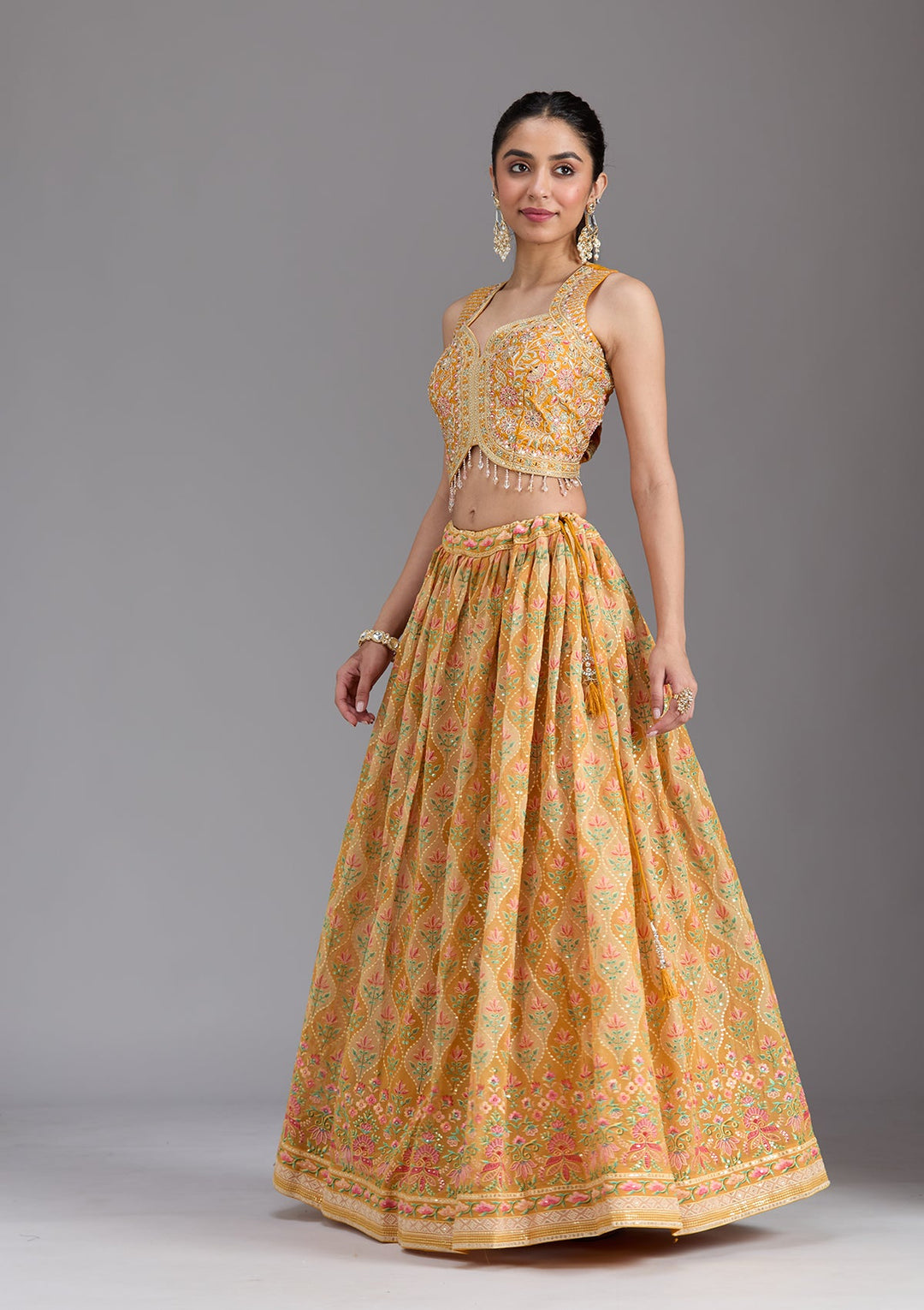 Mustard Yellow Zariwork (Gold) Georgette Readymade Lehenga