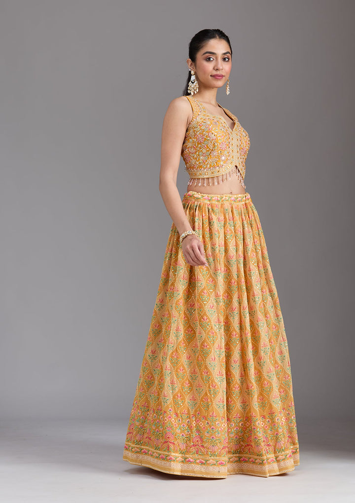Mustard Yellow Zariwork (Gold) Georgette Readymade Lehenga