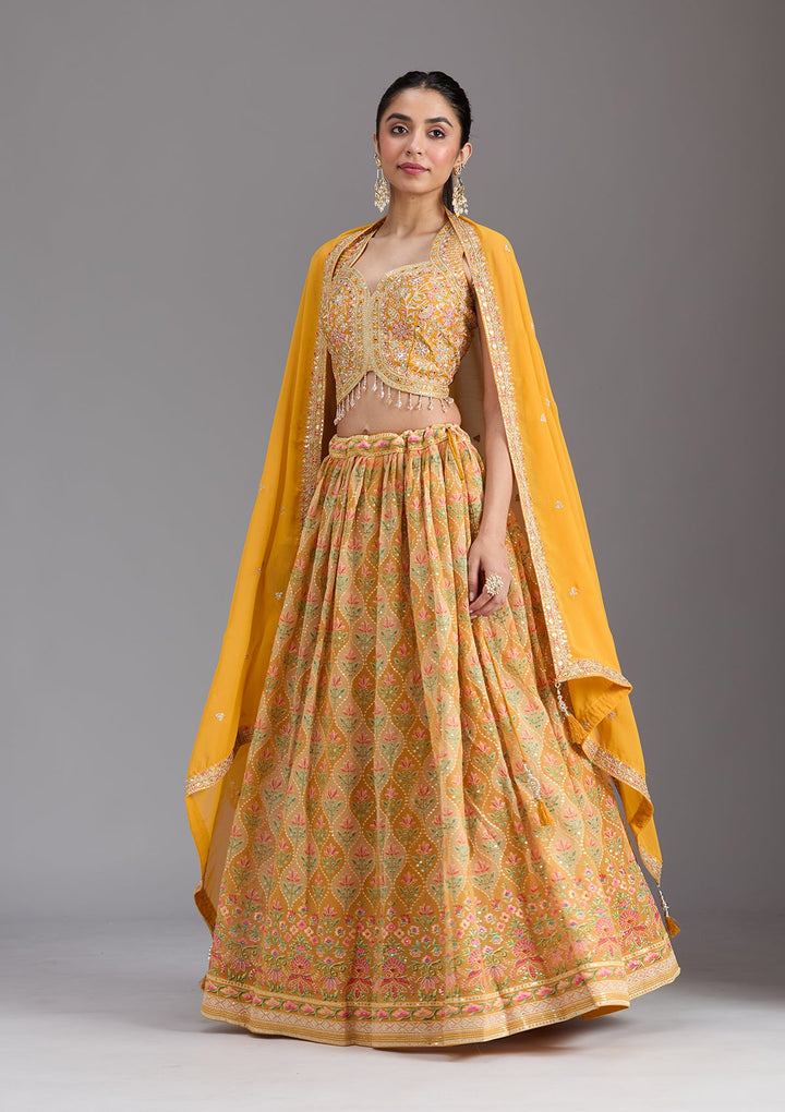 Mustard Yellow Zariwork (Gold) Georgette Readymade Lehenga
