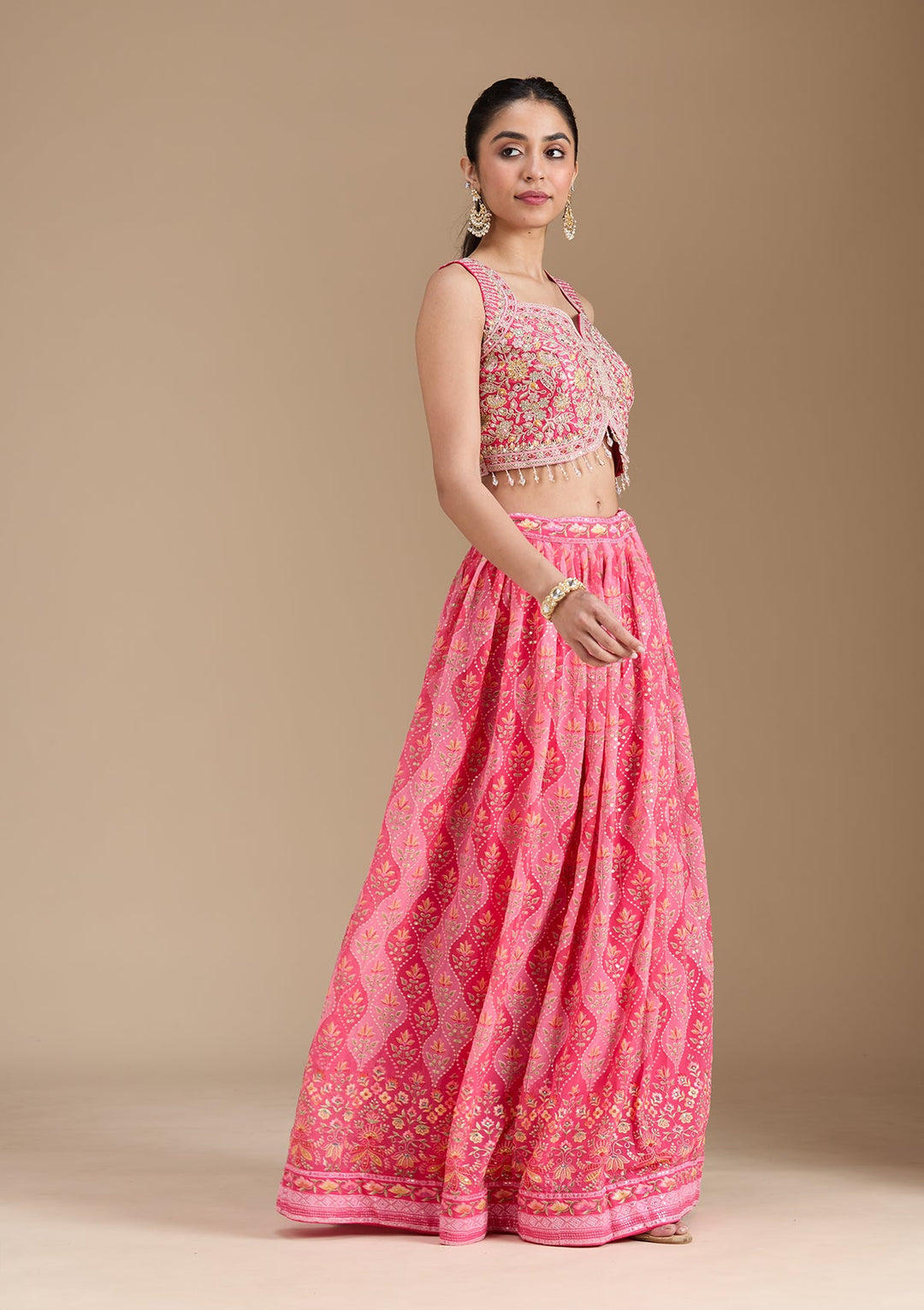 Pink Zariwork (Gold) Georgette Readymade Lehenga