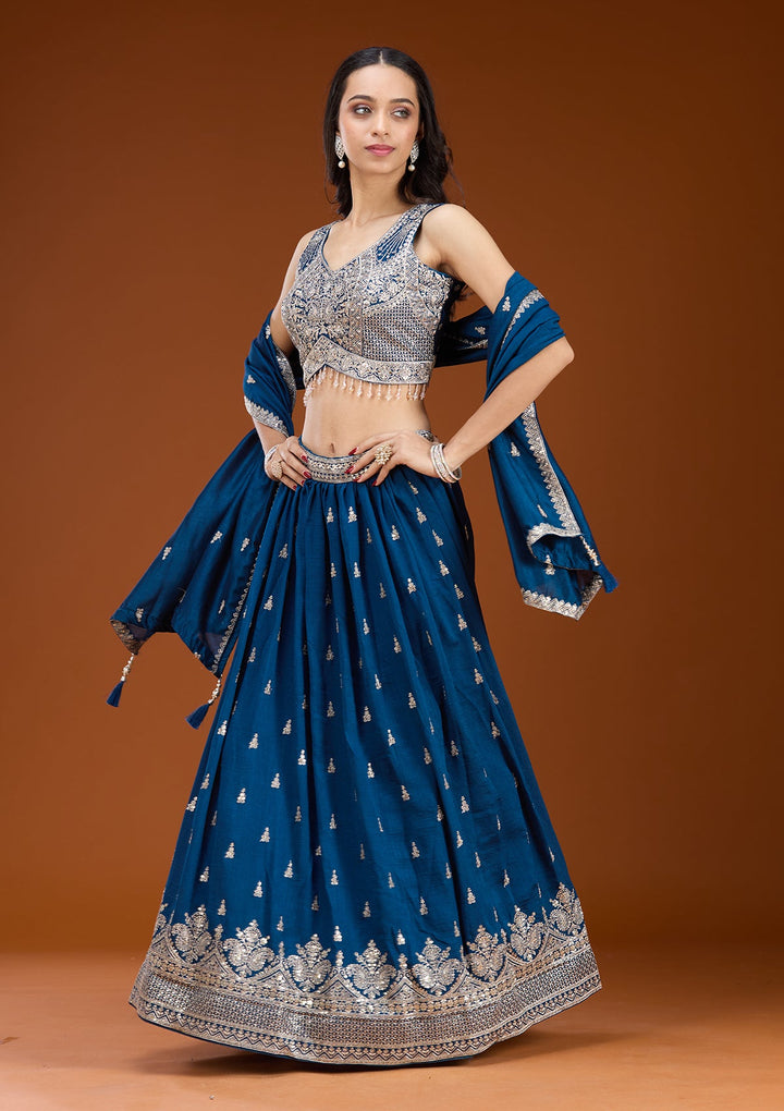 Navy Blue Zariwork (Silver) Soft Raw Silk Readymade Lehenga