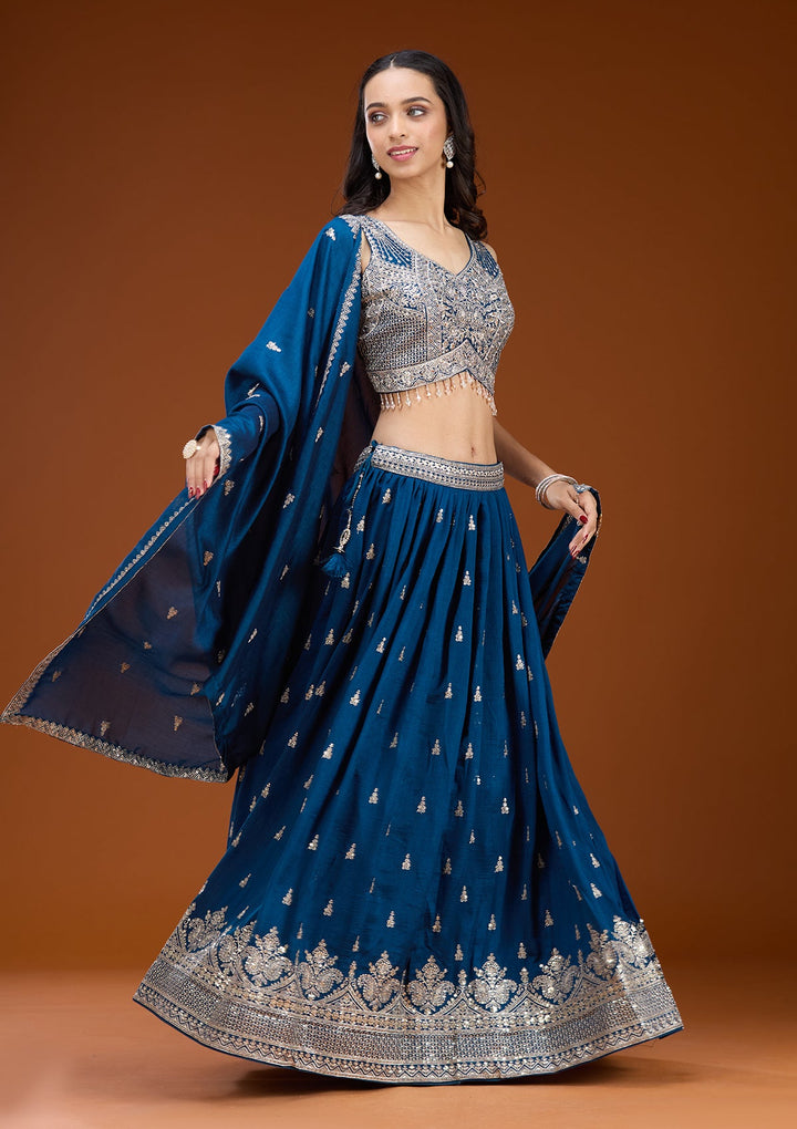 Navy Blue Zariwork (Silver) Soft Raw Silk Readymade Lehenga