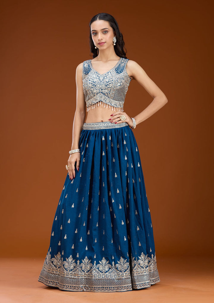 Navy Blue Zariwork (Silver) Soft Raw Silk Readymade Lehenga
