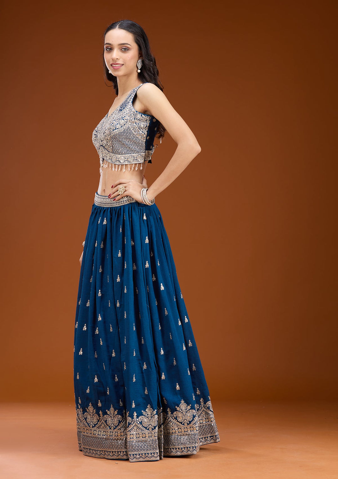 Navy Blue Zariwork (Silver) Soft Raw Silk Readymade Lehenga
