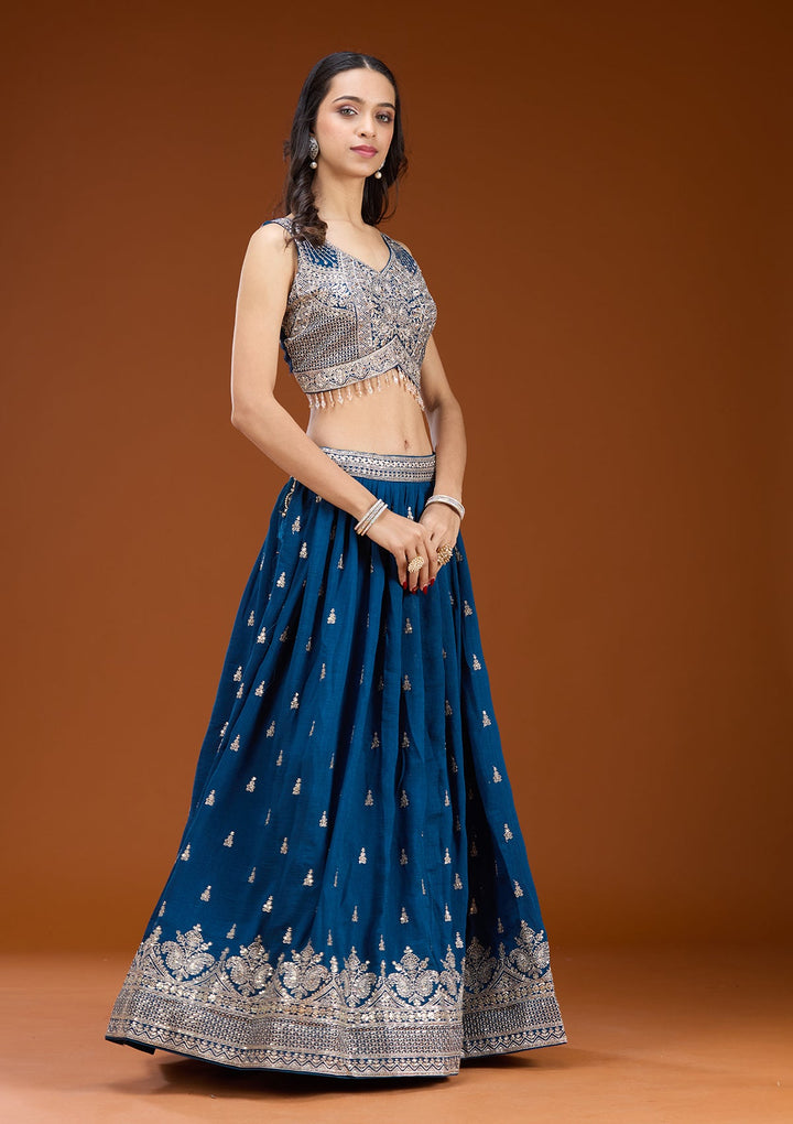 Navy Blue Zariwork (Silver) Soft Raw Silk Readymade Lehenga