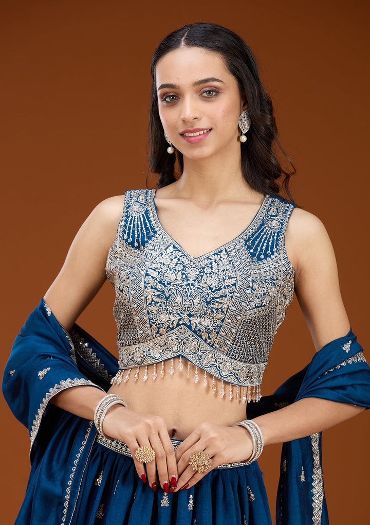 Navy Blue Zariwork (Silver) Soft Raw Silk Readymade Lehenga