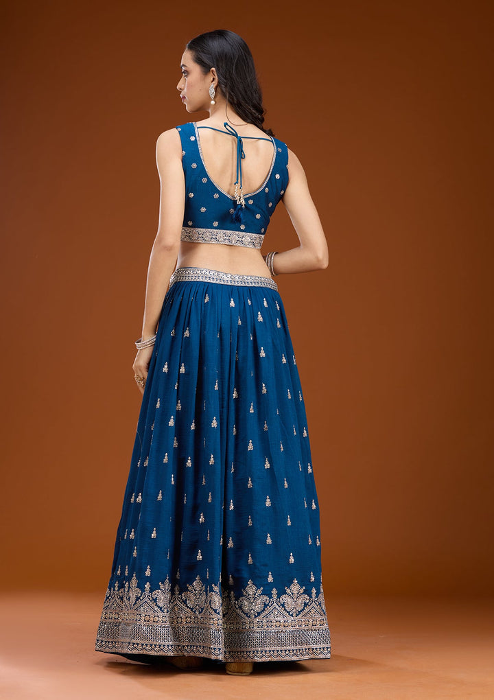 Navy Blue Zariwork (Silver) Soft Raw Silk Readymade Lehenga
