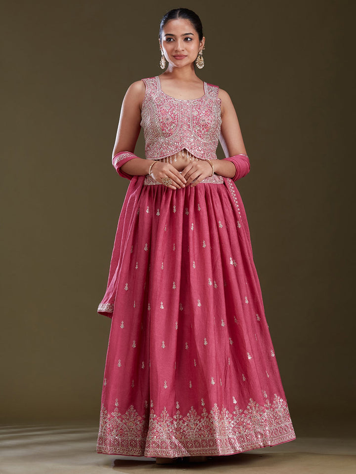Pink Zariwork (Silver) Soft Raw Silk Readymade Lehenga