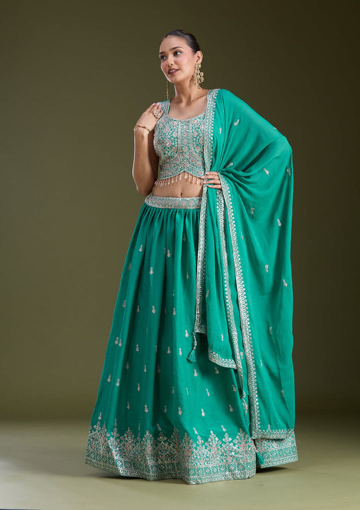 Sea Green Zariwork (Gold) Soft Raw Silk Readymade Lehenga